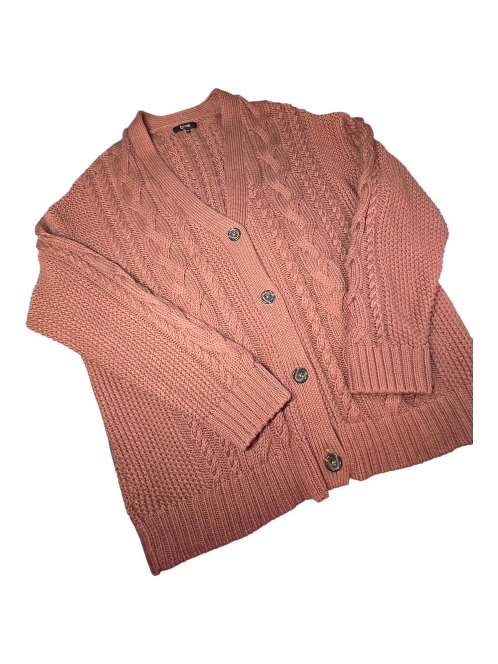 Quince Organic Cotton Cable Knit Cardigan Sweater M Terracotta Dusty Rose Cozy